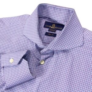 Eredi Pisano Mens 15.5 Slim Fit Dress Shirt Blue Gingham Cotton Made in Italy